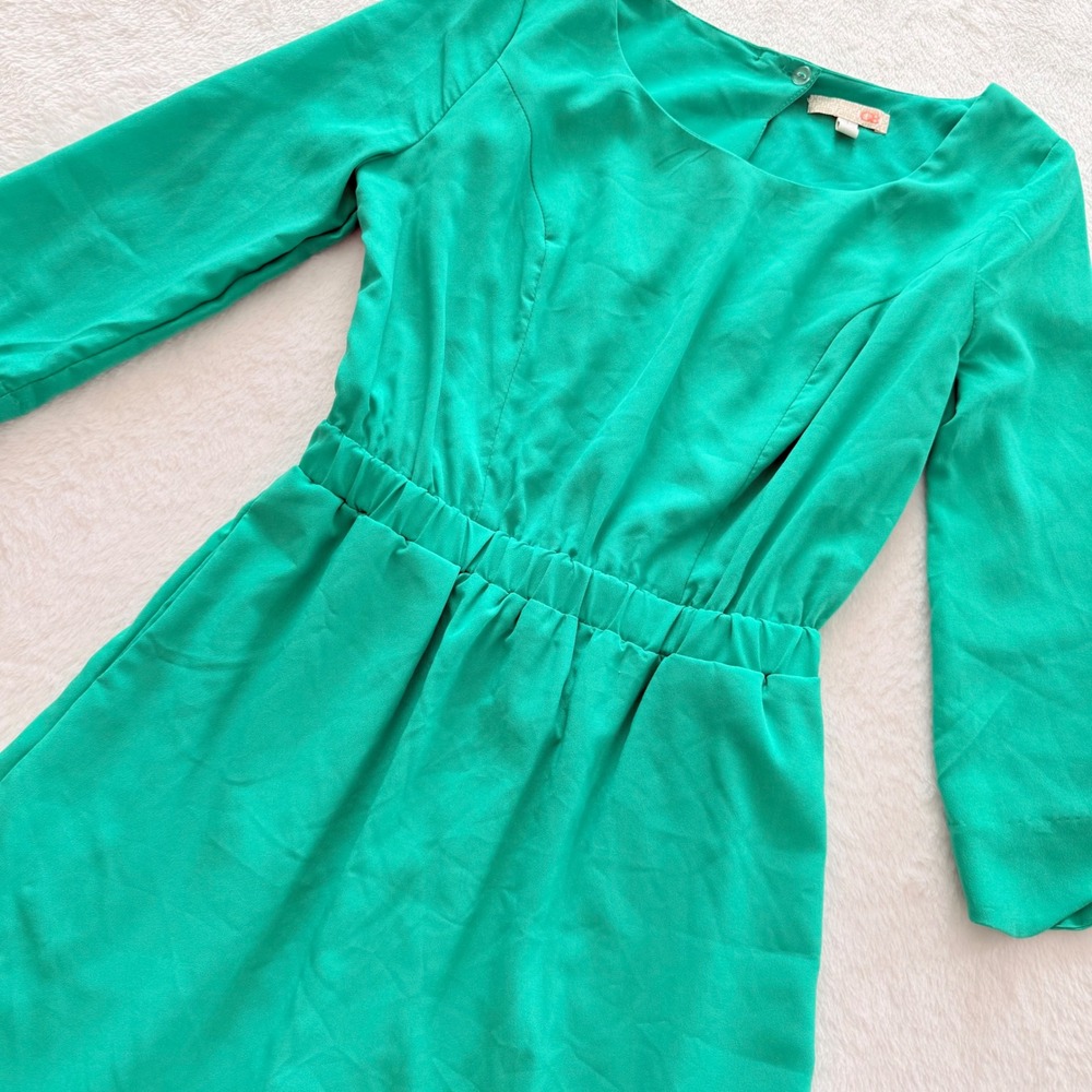 GB Green Fit Flare Dress Long Sleeve Pleated Waist Open Back Size Small - Picture 2 of 9